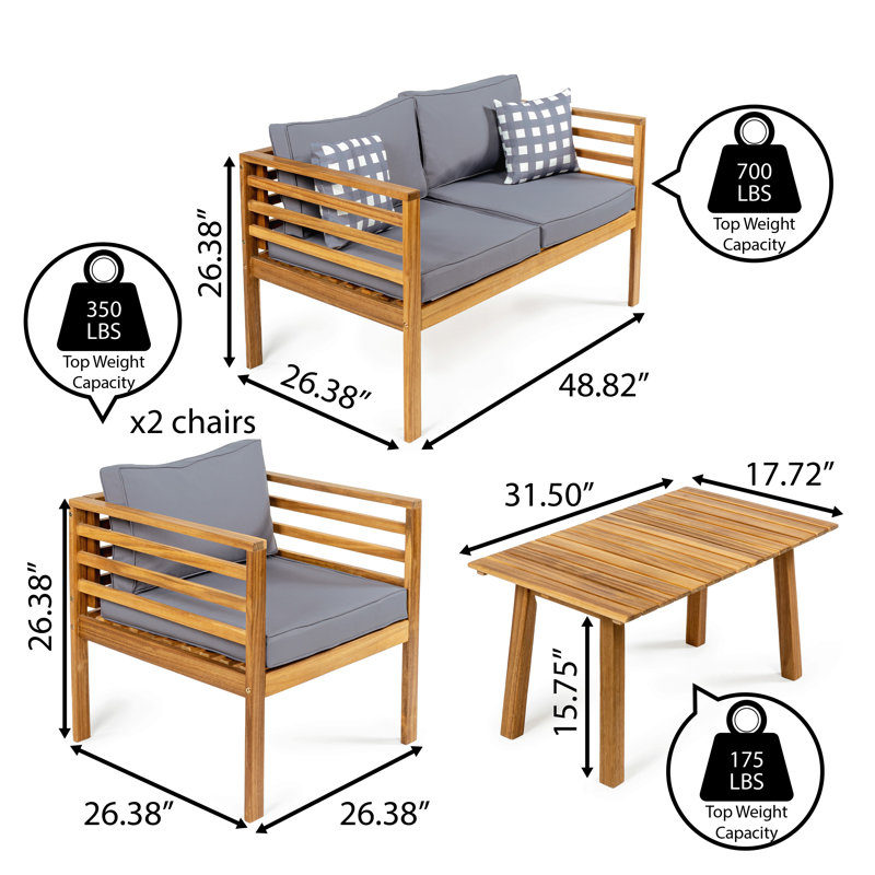 Ensemble de conversation d'extérieur en bois d'acacia brun 4 pièces avec causeuse, causeuse, table basse et coussins gris amovibles Thom