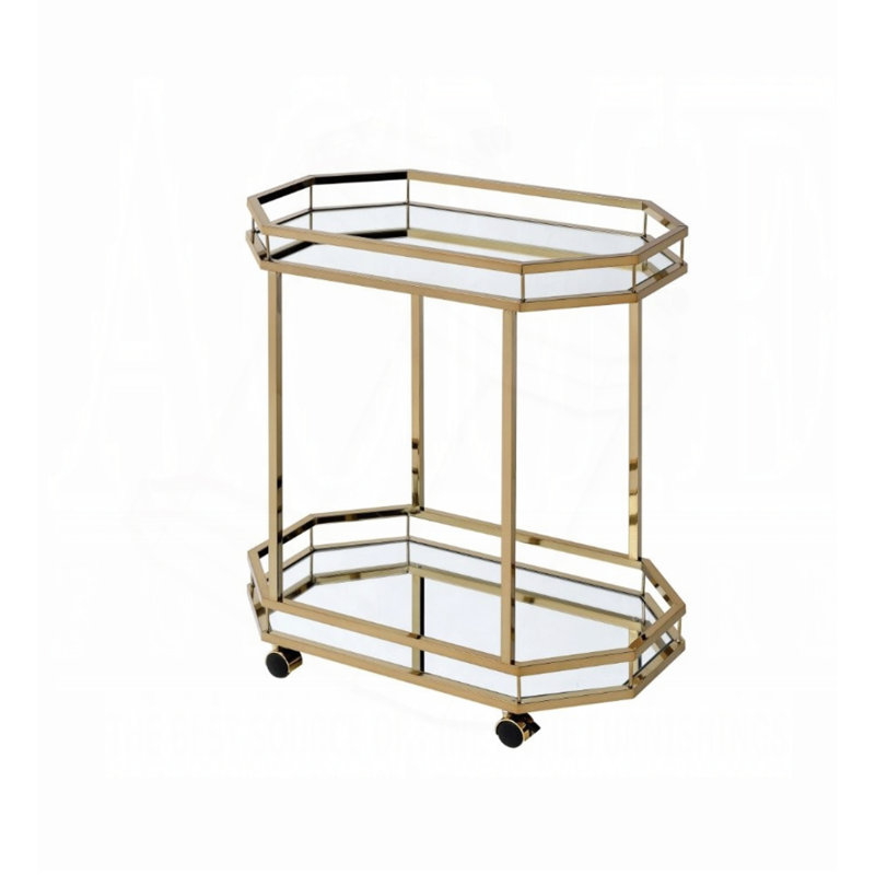 Chariot de service chic au fini champagne avec tablettes en miroir et détails élégants
