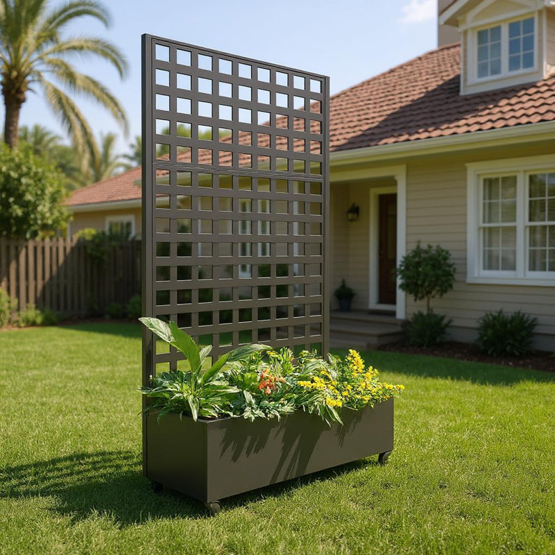 Galvanized Metal Planter Box with Trellis & Wheels, Raised Garden Bed with Drainage for Climbing Plants, 47x15.7x72 in
