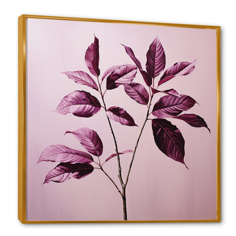 Impression sur toile, feuilles mauves et prune, H 16 po x l 16 po x P 1 po, Cadre flottant doré