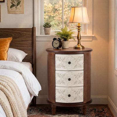  17.7" W Brown Carved Wooden Nightstand with 3-Drawer