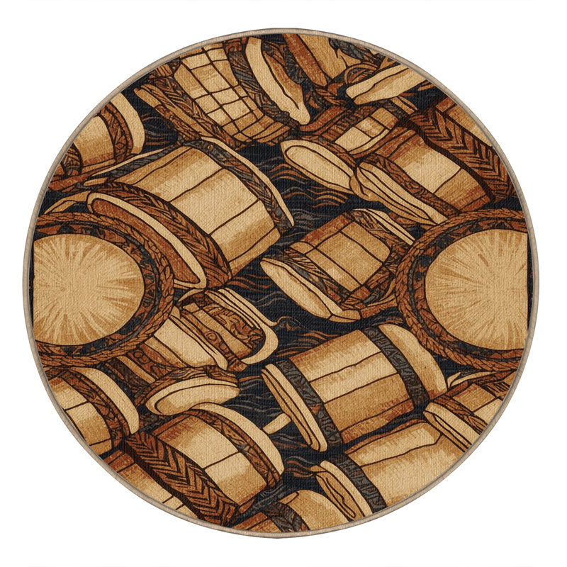 Washable Hawaiian Drums Hawaiian Area Rug, Round 6'