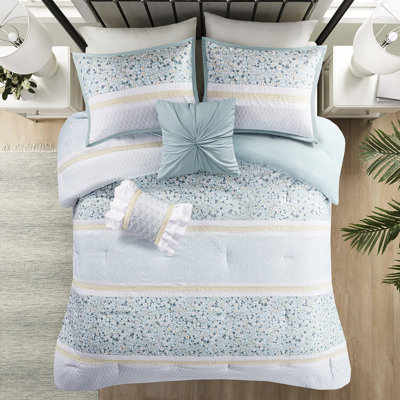 Édredon très grand / très grand avec coussins décoratifs - Motif chic et bleu à motif floral en seersucker 5 pièces pour bourre florale / botanique