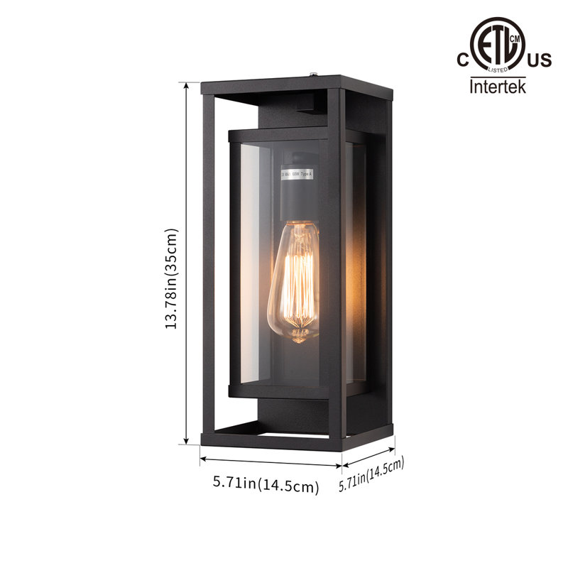 Polikron Classic Outdoor Wall Sconce 1 Light with Dusk to Dawn in Matte Black Rectangular, 13.78" H x 5.71" W x 5.71" D