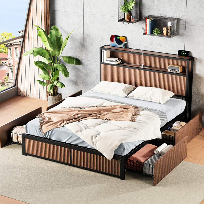 Queen Bed Frame, Brown Engineered Hardwood, Storage Drawers, Chic Headboard, Stable Structure, Bedroom Decor Frame Of With Large Raised - Pattern, Four Extra Large Drawers And Socket In Ideal For