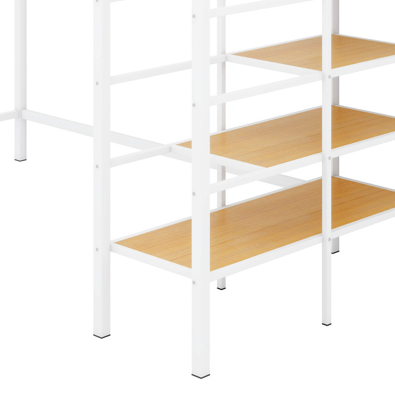 Twin Size Metal Loft Bed With Upper Grid Storage Shelf & Lateral Storage Ladder, White