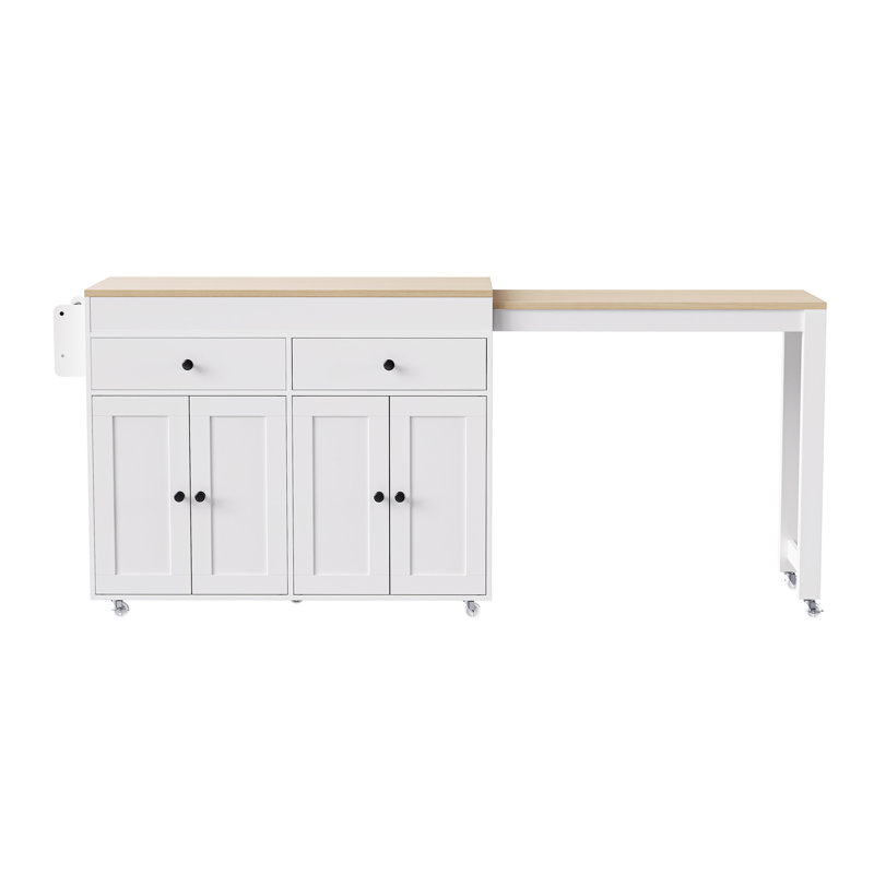 Kitchen Island With Extendable Dining Table, Rolling Kitchen Island On Wheels With Spice Rack And 2 Drawers, 4 Door Cabinet, For Kitchen, Dining Room