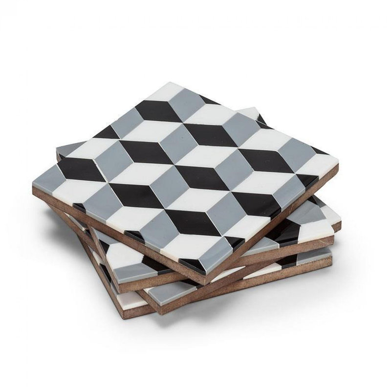 Ensemble de 4 sous-verres à motif mosaïque noir, blanc et gris