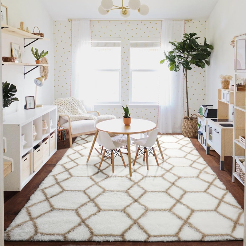 7X10 Large Area Rugs For Living Room Bedroom, Washable Geometric Boho Soft Plush Shaggy Fuzzy Floor Carpet Mat, White Beige Fluffy Rug For Nursery Kids Teen Dorm Home Decor