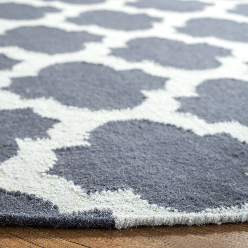 Rodgers Hand Woven Flat Weave Wool/Cotton Geometric Rug in Ivory/Blue, Rectangle 5' x 8'