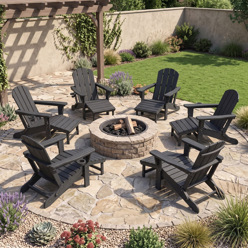 Fauteuil Adirondack pliant inclinable avec foyer et repose-pieds coulissant en PEHD (lot de 2), Noir, 2