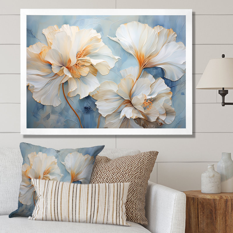 Œillets beiges sur fond bleu III sur toile, Cadre simple blanc, H 12 po x l 20 po x P 1 po