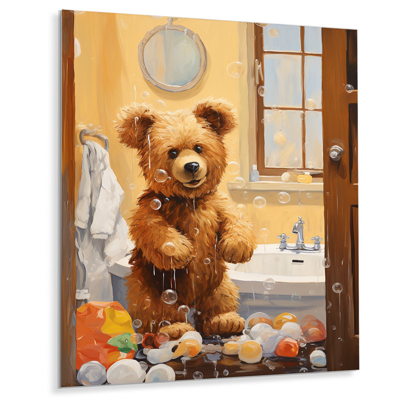 «Bathroom Bathroom Bear Bubbles 1» - Art mural en métal, H 32 po x l 24 po x P 1 po