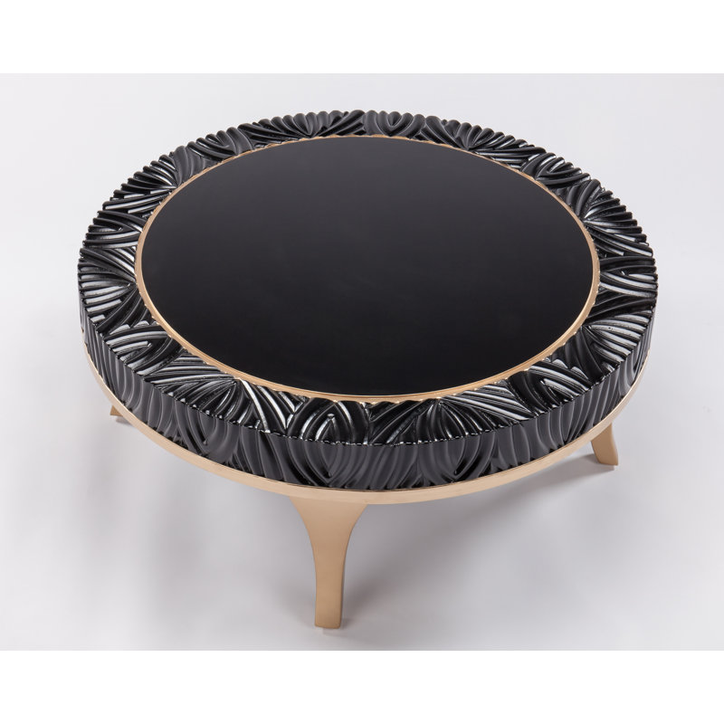 Round Black and Gold Glass Coffee Table with Carved Pattern