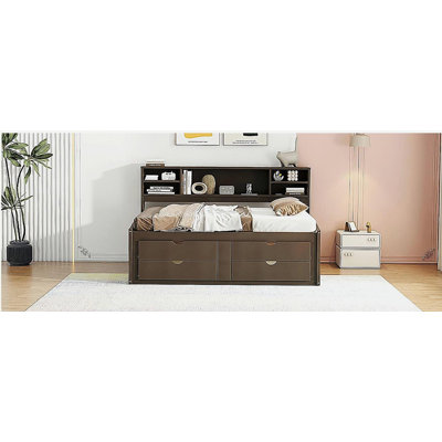 Full-size wooden Japanese-style bed, with 2 nightstands, upper shelf, and 4 drawers, retro brown
