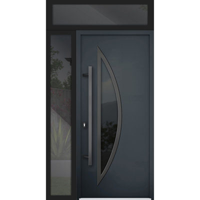 Porte avant en acier pré-suspendue à l'avant / deux 6501 anthracite / fenêtre extérieure latérale et supérieure / inserts en acier inoxydable peints modernes simples
