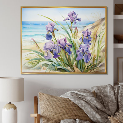 Iris mauves sur la plage, impression sur toile