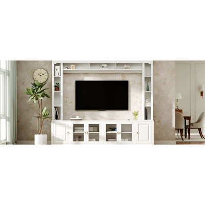 Meuble télé mural moderne blanc pour téléviseur de 80 po ou moins, 92 po, console multimédia tout-en-un avec 4 armoires et 11 tablettes, avec portes d'armoire rainurées