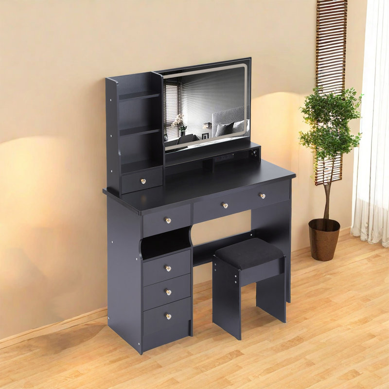 Ensemble de coiffeuse avec tabouret rembourré, centrale électrique avec 2 AC + 2 USB, support pour sèche-cheveux et grand miroir à DEL avec éclairage 3 couleurs