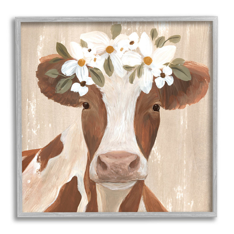 Portrait de vache rustique en fleurs, estampe numérique par Annie Warren, H 17 po x l 17 po x P 1,5 po