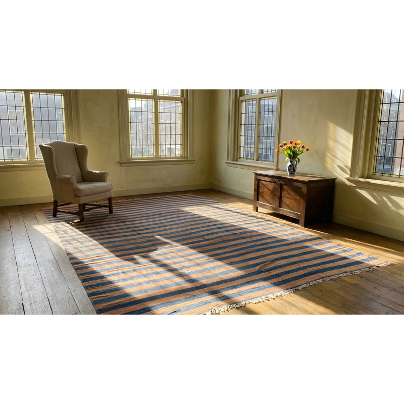 Rustic Antique Geometric Stripes Room Size Indian Cotton Dhurrie Rug