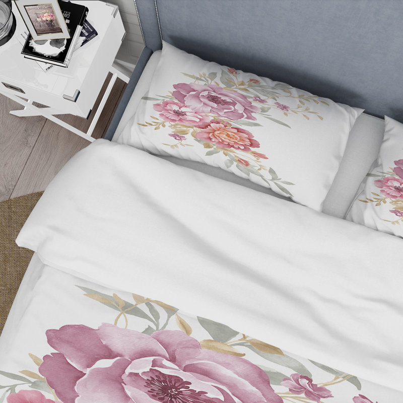 Bouquet de fleurs roses et mauves III - Ensemble de housse de couette Farmhouse - Microfibre de polyester