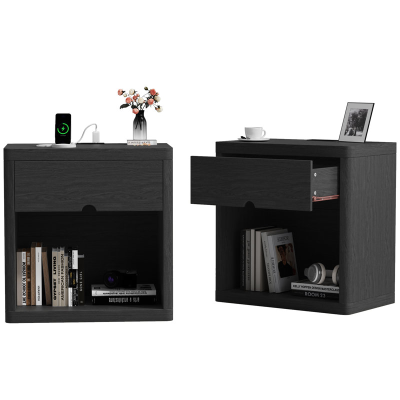 Table de chevet 24 tiroirs H 24,8 po avec prises intégrées (ensemble de 2), Ensemble de 2, Noir