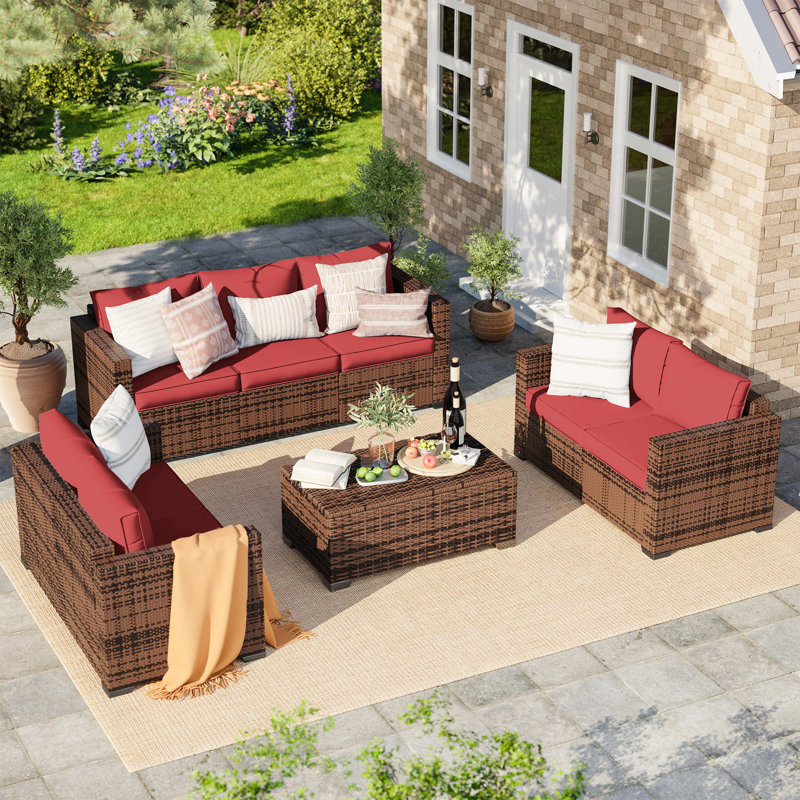 Azoriah 7-Person Wicker Outdoor Seating Group with Storage, Wine Red