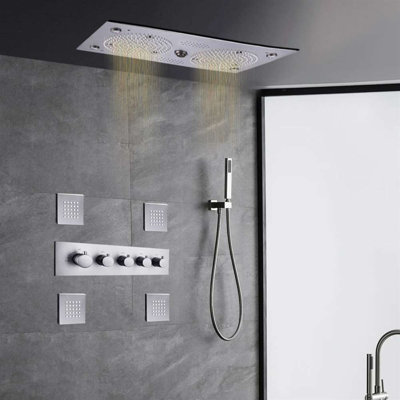 Système de douche à pluie encastré et plafonnier encastré musical à DEL gris et gris Gunmetal