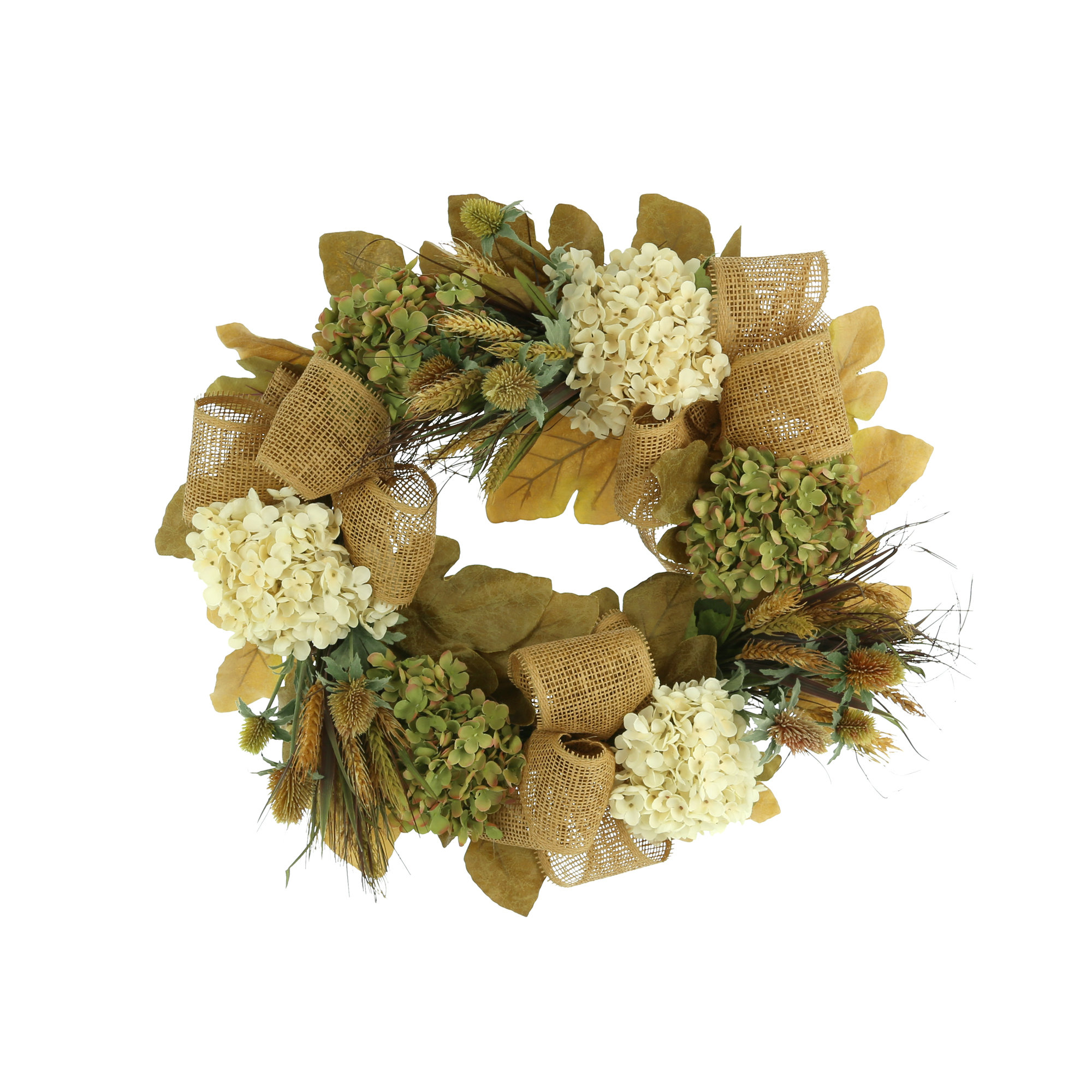 The Holiday Aisle® 26" Fall Wreath with Hydrangeas and Burlap Bows | Wayfair
