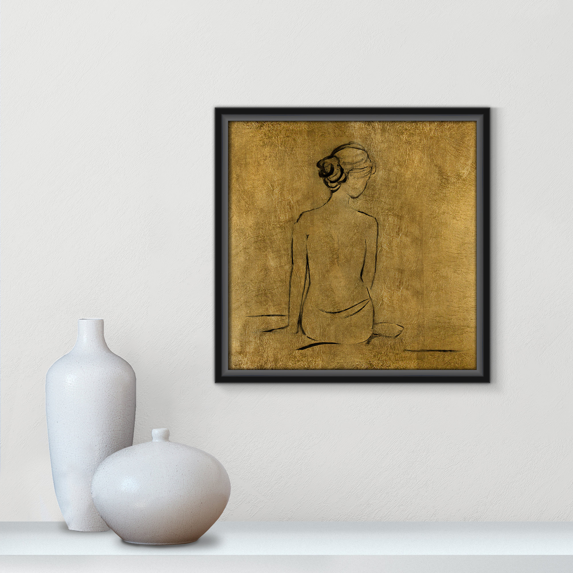 Golden Bather I by Sally Swatland - Painting Print, 13.5" H x 13.5" W x 2" D, Black Framed Canvas