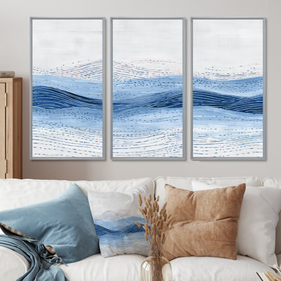 Blue And Grey Coastal Waves  - Coastal Wall Art Living Room Set