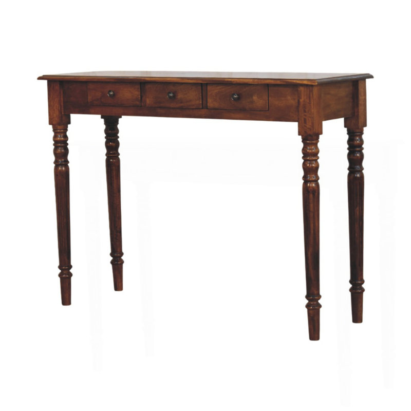 Console en bois massif, pieds tournés, 3 tiroirs, châtaignier, brun