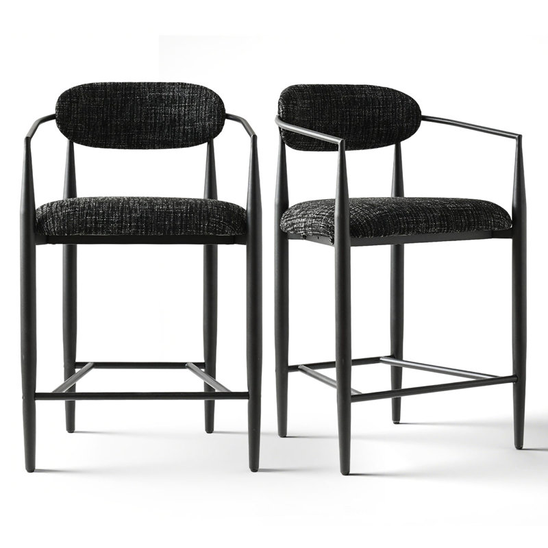 Upholstered Counter Height Bar Stools with Arms and Metal Frame, Black