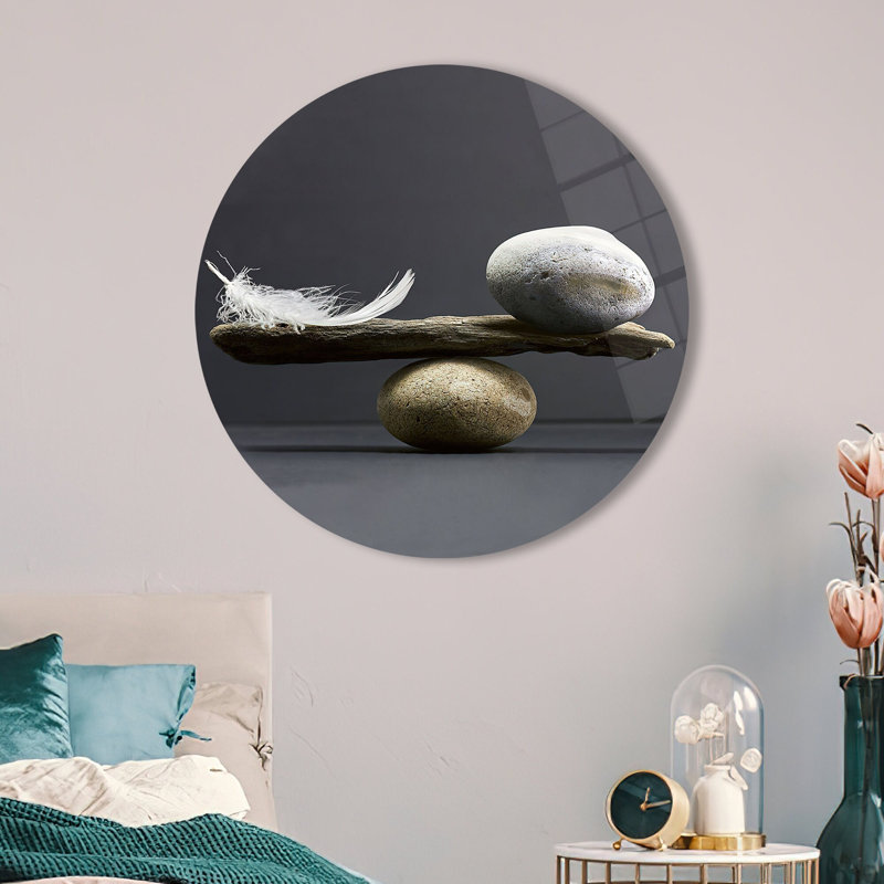 Balance de pierre et plume, art mural abstrait sur verre trempé, décoration murale pour intérieur de maison moderne | Rond