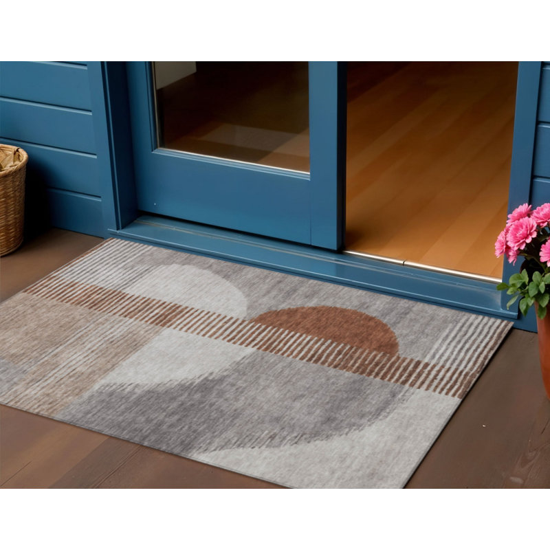 3' X 5' Taupe And Rust Geometric Washable Indoor Outdoor Area Rug