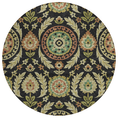 8' Black Gold And Copper Round Floral Washable Indoor Outdoor Area Rug
