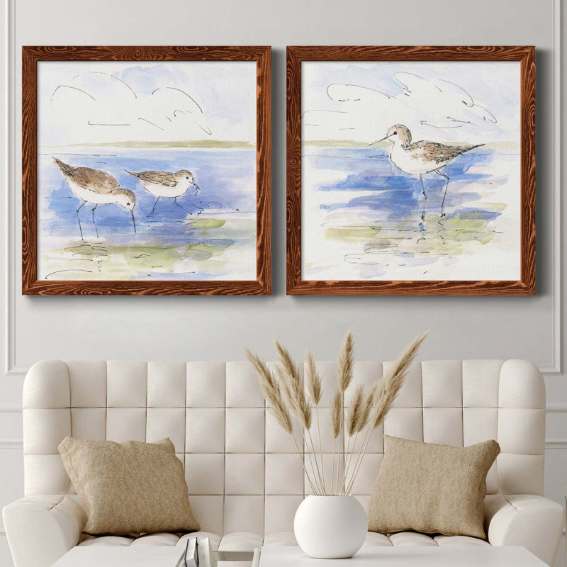 Oiseaux de rivage croquis I - ensemble de 2 peintures sur toile encadrées, H 35,5 po x l 71 po x P 1,5 po, Érable encadré