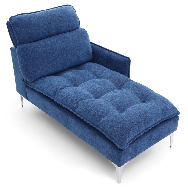 Chaise longue de 55 po pour la chambre à coucher - rembourrée avec accoudoir gauche et coussin lombaire, revêtement en tissu doux à boutons bleus