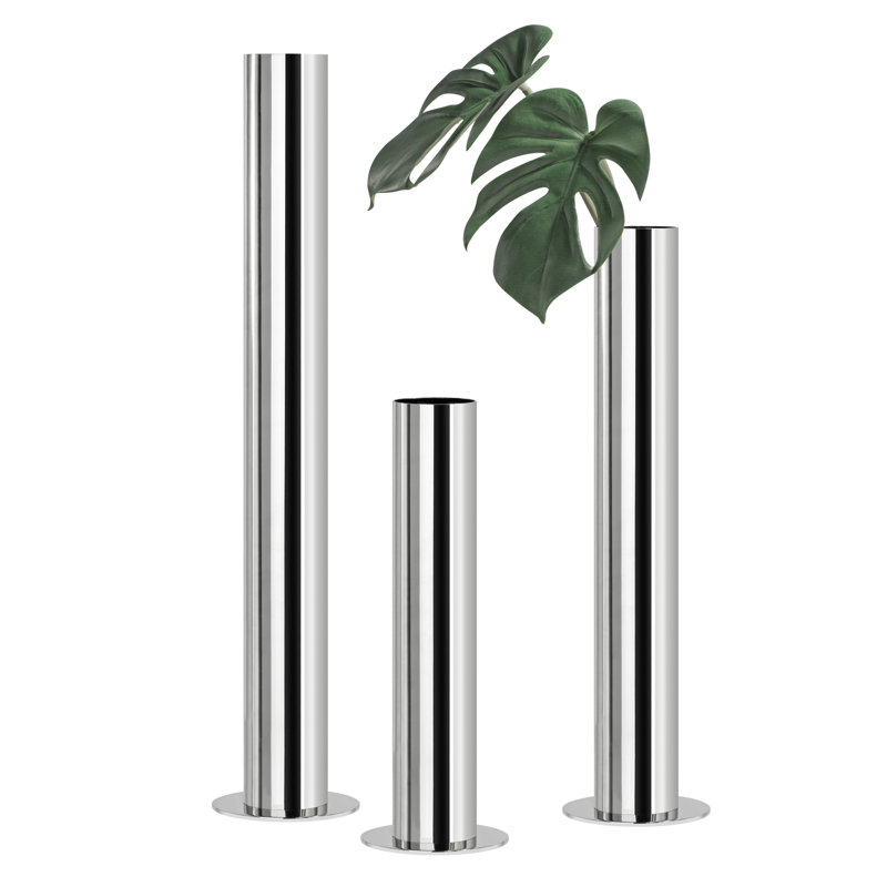  Hatcher Set of 3 Handmade Silver Stainless Steel Cylinder Vases (10", 14", 18"), Silver
