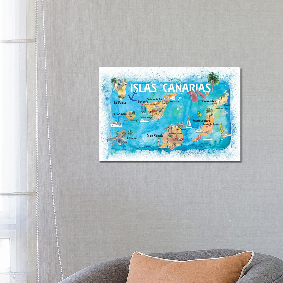 Canary Islands Illustrated Travel Map With Tenerife, Gran Canary, Lanzarote, Fuerteventura La Palma Gomera And Hierro by Markus & Martina Bleichner -