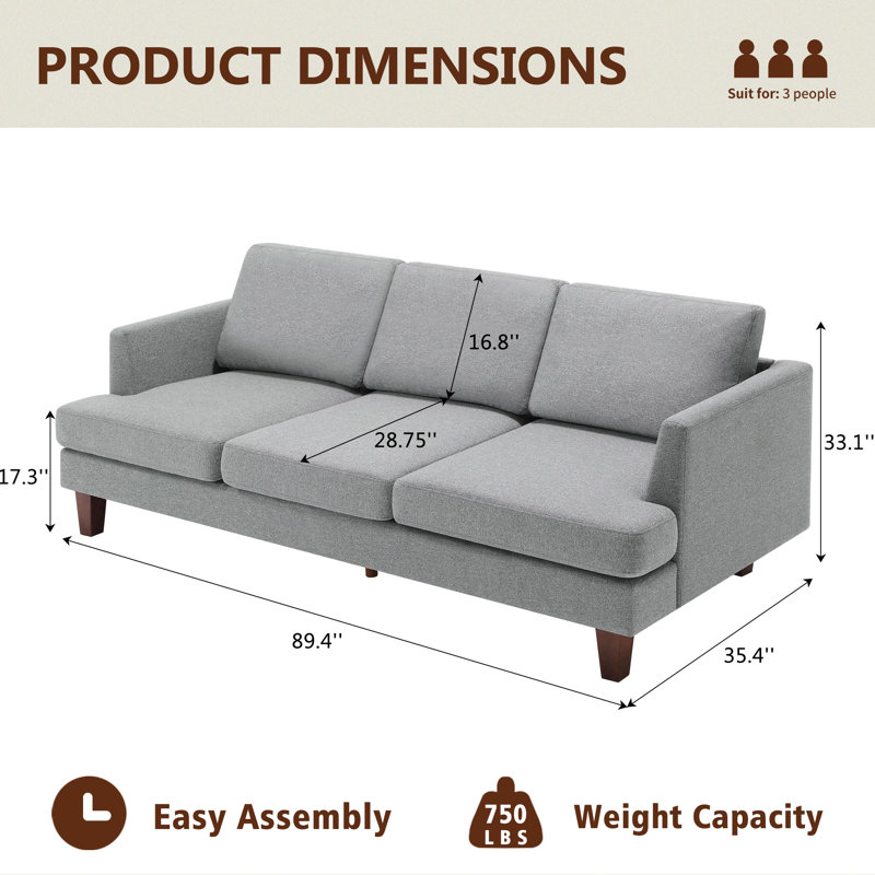 3 Seater Sofa 89" Upholstered Sofa Couch with Square Arm for Living Room, Gray