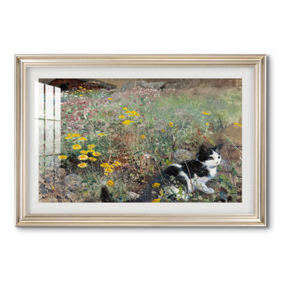 Chat dans un pré fleuri, 1887 - Bruno Liljefors - Estampe encadrée sur mesure