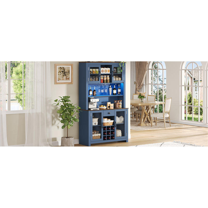 70,9 po Armoire de rangement 70 po pour garde-manger rustique, huche de cuisine avec prises à DEL Armoire pour garde-manger avec portes et tablettes, bleu marine