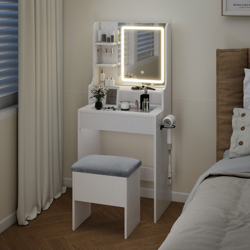 Dressing Table With Charging, Led Lighted Mirror Makeup Vanity With Storage Stool, Glass Tabletop, White