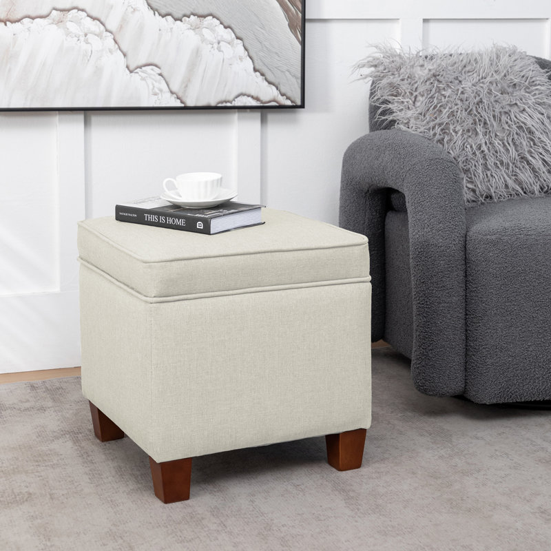 Kemia Fabric Storage Ottoman with Wooden Legs, Beige Polyester Blend