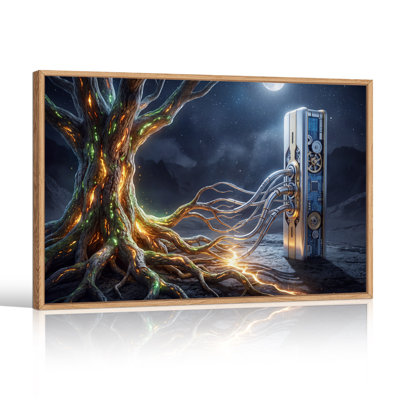 Glowing Tree Connected To Futuristic Device Under Moon Canvas Wall Art