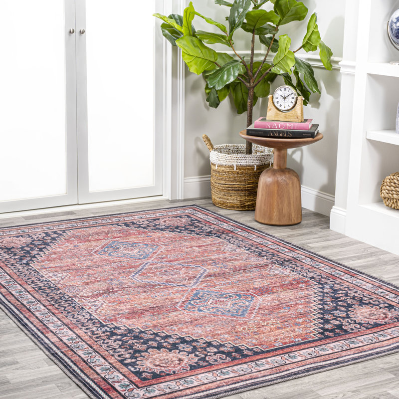 Lesandra Geometric Medallions Machine-Washable Terracotta/Navy Rug, Rectangle 3'11" x 6'