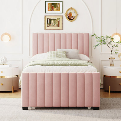 Lit plateforme simple tapissier en velours avec lit gigogne