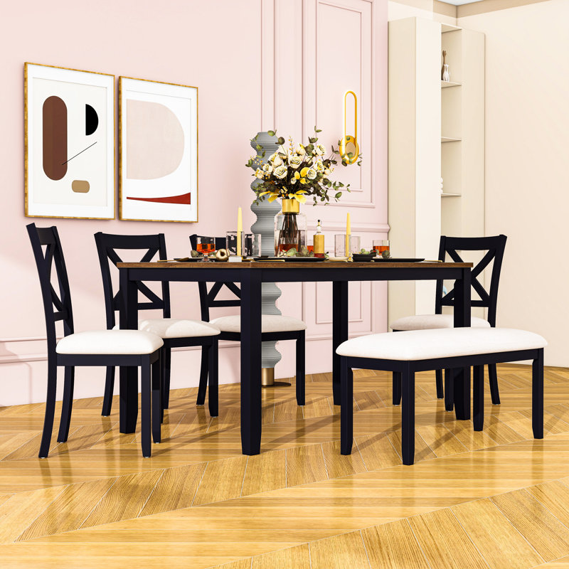 Ensemble de table de salle à manger 6 pièces en bois avec chaises rembourrées et banc, Chêne, Beige, Noir